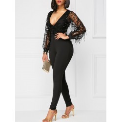 Sequins Plain V-Neck Slim Jumpsuit