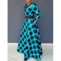 Wave Point Long Sleeve Contrast Color Maxi Dress