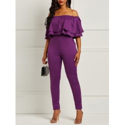 Slash Neck Falbala Skinny Plain Women's Jumpsuit