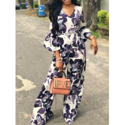 V-Neck Floral High Waist Jumpsuits