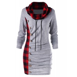 Check Patchwork Lace Up High Collar Hoodie