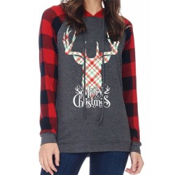 Plaid Elk Print Loose Hoodie