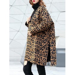 New Loose V-Neck Leopard Woolen Coat