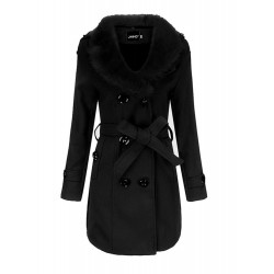 OL Solid Color Button Fur Collar Long Overcoat