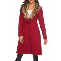 Deep V-Neck Fur Collar Long Sleeve Long Woolen Coat