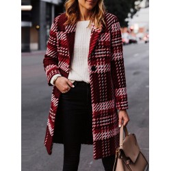 Plaid Lapel Button Long Sleeve Women's Overcoat