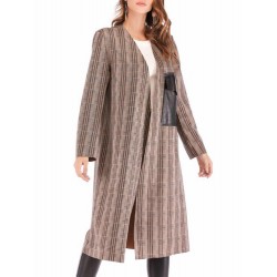 Plaid V-neck Leather Pocket Long Sleeve Cardigan Overcoat