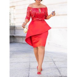 Three-Quarter Sleeve Patchwork Slash Neck High-Waist Elegant Dress